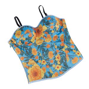 Blue Floral Print Corset Top, Adjustable Back Lace-Up Bustier with Thin Straps for Women N23861