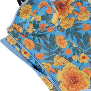 Blue Floral Print Corset Top, Adjustable Back Lace-Up Bustier with Thin Straps for Women N23861