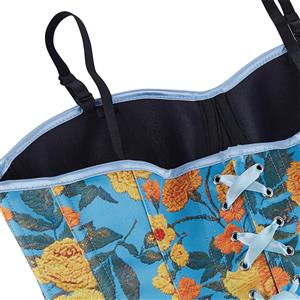 Blue Floral Print Corset Top, Adjustable Back Lace-Up Bustier with Thin Straps for Women N23861