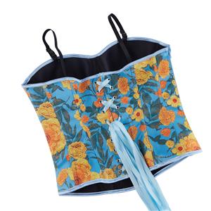 Blue Floral Print Corset Top, Adjustable Back Lace-Up Bustier with Thin Straps for Women N23861