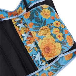 Blue Floral Print Corset Top, Adjustable Back Lace-Up Bustier with Thin Straps for Women N23861