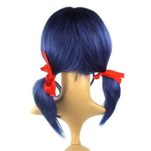 Women's Fashion Blue Double Braid With Red Ribbon Ladybug Cosplay Party Bangs Wigs MS20904