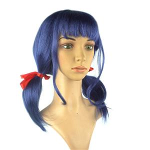 Fashion Blue Wig, Blue Short Bangs Wig, Sexy Masquerade Wig, Fashion Party Blue Double Braid Wig, Ladybug Cosplay Party Bangs Wigs,Double Braid With Red Ribbon Wigs, #MS20904