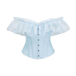 Yellow off-the-shoulder corset,Floral embroidery corset,Ruffle trim design,Women's waist trainer,Elegant corset top,Victorian style corset,Shapewear for women,High-quality corset material,Accentuates figure,Comfortable support #N23761