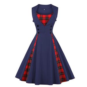 Women's Blue Vintage Tartan Plaid Patchwork Sleeveless Casual Cocktail Dress N22985