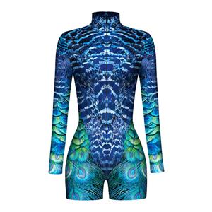 Blue Pattern Jumpsuit, Halloween Robot High Neck Slim Fit Bodysuit, Halloween Bodycon Jumpsuit, Long Sleeve Shorts High Neck Jumpsuit, Halloween Jumpsuit for Women. #N22346