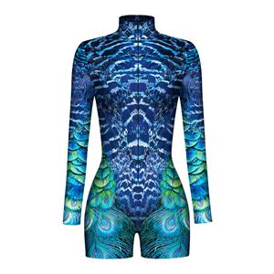 Blue Pattern Jumpsuit, Halloween Robot High Neck Slim Fit Bodysuit, Halloween Bodycon Jumpsuit, Long Sleeve Shorts High Neck Jumpsuit, Halloween Jumpsuit for Women. #N22346