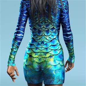 Blue Pattern 3D Printed High Neck Long Bodycon Jumpsuit Halloween Costume N22346