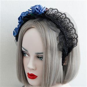 Blue Rose Lace Lolita Masquerade Party Hair Clasp J12810