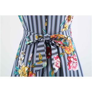 Blue Strips Women's Retro Round Neck Sleeveless Floral Printed Swing Summer Day Dress N18592