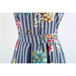 Blue Strips Women's Retro Round Neck Sleeveless Floral Printed Swing Summer Day Dress N18592