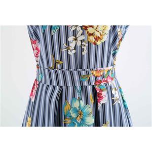 Blue Strips Women's Retro Round Neck Sleeveless Floral Printed Swing Summer Day Dress N18592