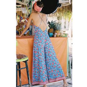 Fashion Blue Bohemia Style Floral Print Casual Holiday Beach Wide Legs?Jumpsuit N17273