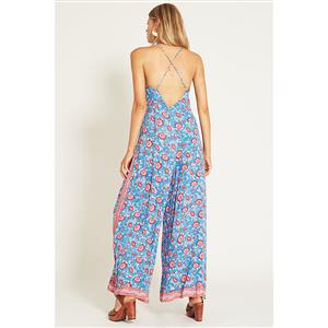 Fashion Blue Bohemia Style Floral Print Casual Holiday Beach Wide Legs?Jumpsuit N17273