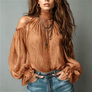 Brown Boho Paisley Print Cold Shoulder Blouse High Neck Smocked Lantern Sleeve Sheer Chiffon Top? N23949