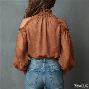 Brown Boho Paisley Print Cold Shoulder Blouse High Neck Smocked Lantern Sleeve Sheer Chiffon Top? N23949