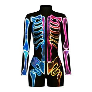 Bone Printed Jumpsuit, Halloween Robot High Neck Slim Fit Bodysuit, Halloween Bodycon Jumpsuit, Long Sleeve Shorts High Neck Jumpsuit, Halloween Bone Jumpsuit for Women. #N22344