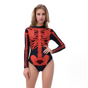 Scary 3D Printed Red Bones Pattern High Neck Bodysuit Halloween Costume N18319