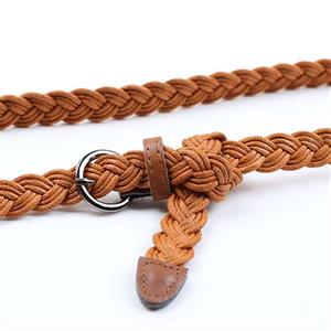 Women's Fashion Brown Braided Single Prong Buckle Thin Waist Belt N16057