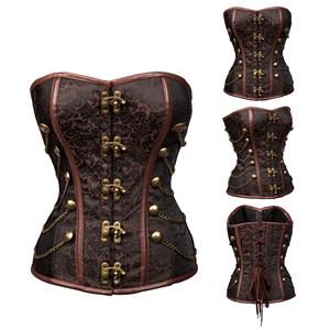 Steampunk Brown Brocade Steel Bones Strapless Body Shaper Overbust Corset N22666
