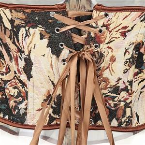 Fashion Brown Chrysanthemum Print Plastic Boned Body Shaper Overbust Corset N23546