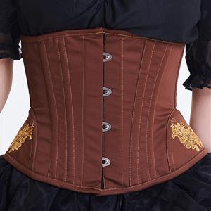 Vintage Brown Steel Boned Cotton Embroidery Waist Cincher Underbust Corset N12594