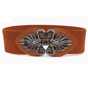 Fashion Brown Elastic Wide Waistband Floral Alloy Interlock Buckle Waist Belt N18254