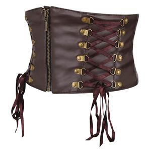 Brown Faux Leather Corset Belt with Lace-Up Sides & Front Zipper N23921