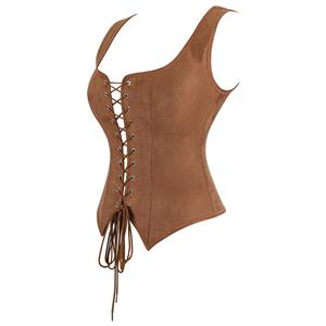 Women's Brown Faux Suede Corset Top Square Neck Front & Back Lace-Up Bustier N23973