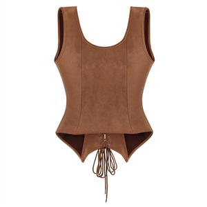 Women's Brown Faux Suede Corset Top Square Neck Front & Back Lace-Up Bustier N23973