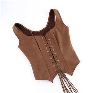 Women's Brown Faux Suede Corset Top Square Neck Front & Back Lace-Up Bustier N23973