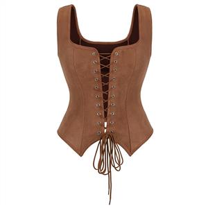 Women's Brown Corset, Faux Suede Bustier, Square Neck Top, Front Lace Up, Back Lace Up, Western Style, Vintage Inspired, Structured Boning, Sleeveless Top, High Waist Match, Chic Outfit, Women's Fashion, Waist Cincher, Statement Top, Retro Style N23973