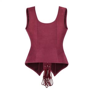 Women's Burgundy Faux Suede Corset Top Square Neck Front Lace-Up Bustier N23974