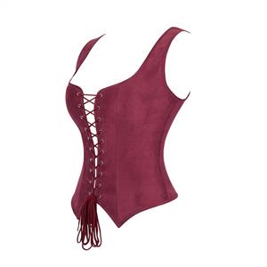 Women's Burgundy Faux Suede Corset Top Square Neck Front Lace-Up Bustier N23974