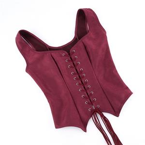 Women's Burgundy Faux Suede Corset Top Square Neck Front Lace-Up Bustier N23974