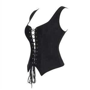 Women's Black Faux Suede Corset Top Square Neck Front Lace-Up Bustier N23975
