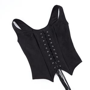 Women's Black Faux Suede Corset Top Square Neck Front Lace-Up Bustier N23975
