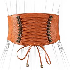 Brown Leather Front Lace Up High Waisted Cincher Corset Belt N14793