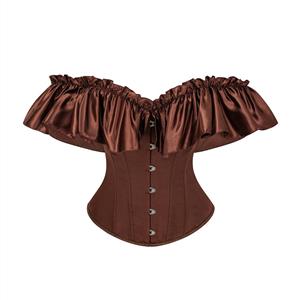 brown corset top, off-shoulder bustier, ruffled sleeve corset, adjustable lacing top, vintage inspired corset, renaissance core fashion, brown bustier top, waist cincher top, gothic romance top, structured boning corset #N237827