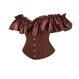 Brown Off-Shoulder Corset Top - Ruffled Bustier with Adjustable Lacing N237827