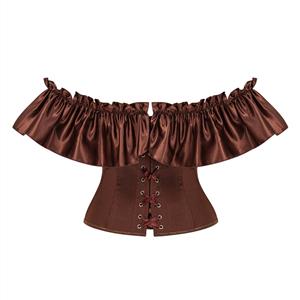 Brown Off-Shoulder Corset Top - Ruffled Bustier with Adjustable Lacing N237827