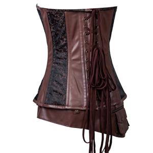 Steampunk Brown Jacquard Steel Boned Busk Closure Overbust Corset with Pouches Belt N21362