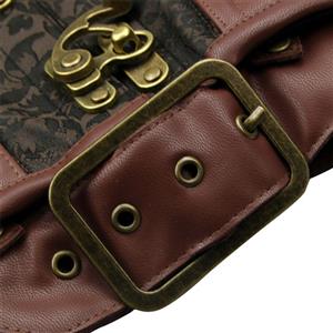 Steampunk Brown Jacquard Steel Boned Busk Closure Overbust Corset with Pouches Belt N21362