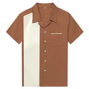 Brown Male Retro Splicing Panel Casual Fifties Bowling Shirt N16688