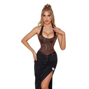 halter neck corset, lace-up corset top, waist trainer, body shaper, back lacing top, front zipper corset, shapewear top, women's cincher, evening wear corset, curve-enhancing top #N23849
