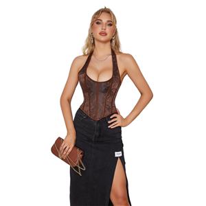 Women’s Brown Steampunk Halter Neck Corset Top N23849