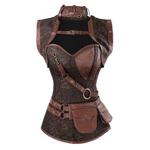 Steampunk Brown Steel Boned High Neck Jacquard Corset with Jacket N11993