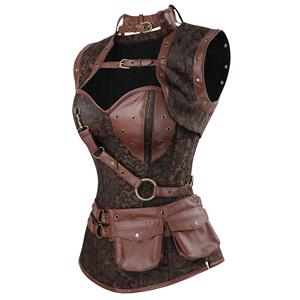 Steampunk Brown Steel Boned High Neck Jacquard Corset with Jacket N11993