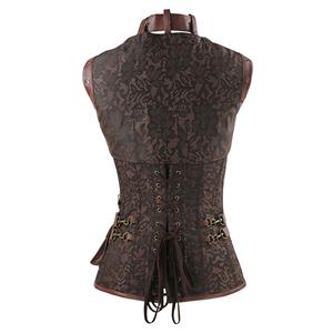 Steampunk Brown Steel Boned High Neck Jacquard Corset with Jacket N11993