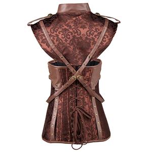 Women's Vintage Brown 16 Steel Boned Faux Leather Brocade Underbust Corset with Shrug N15139